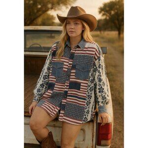 Vtg Patchwork American Flag Denim Shirt Womens M Oversize Country Patriotic 90s